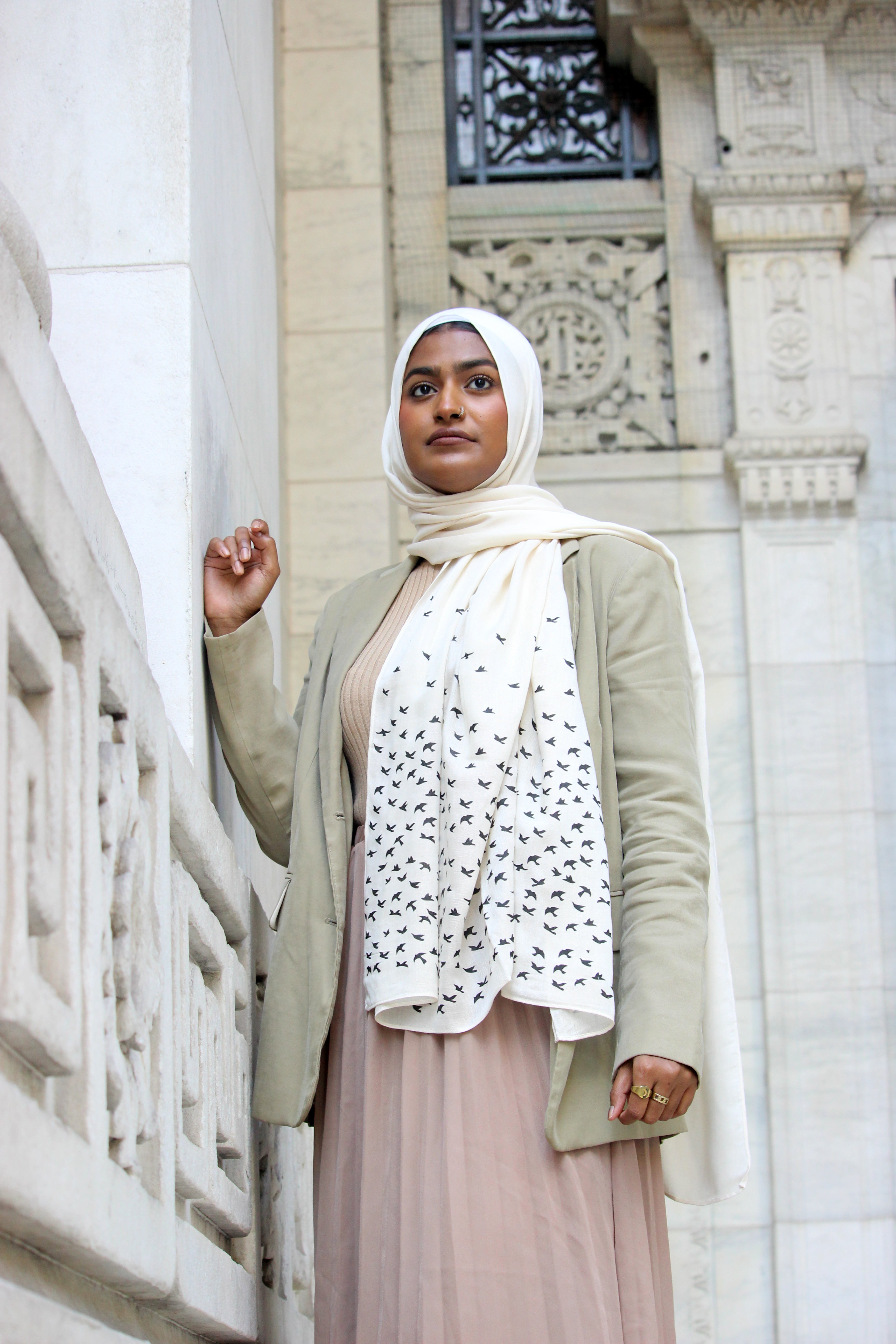 Birds- Cream (with Black Ink)- Modal Hijab