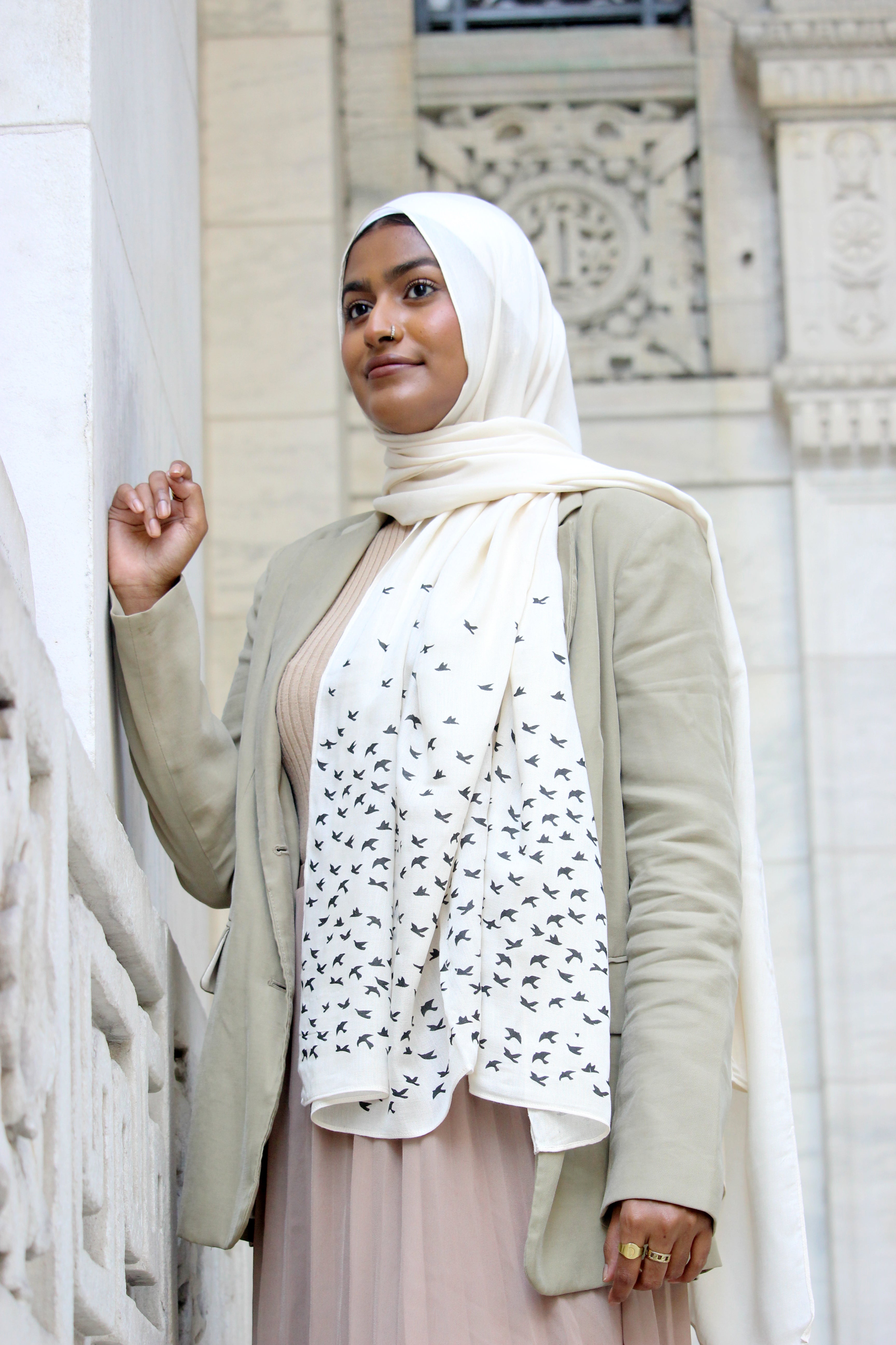 Birds- Cream (with Black Ink)- Modal Hijab