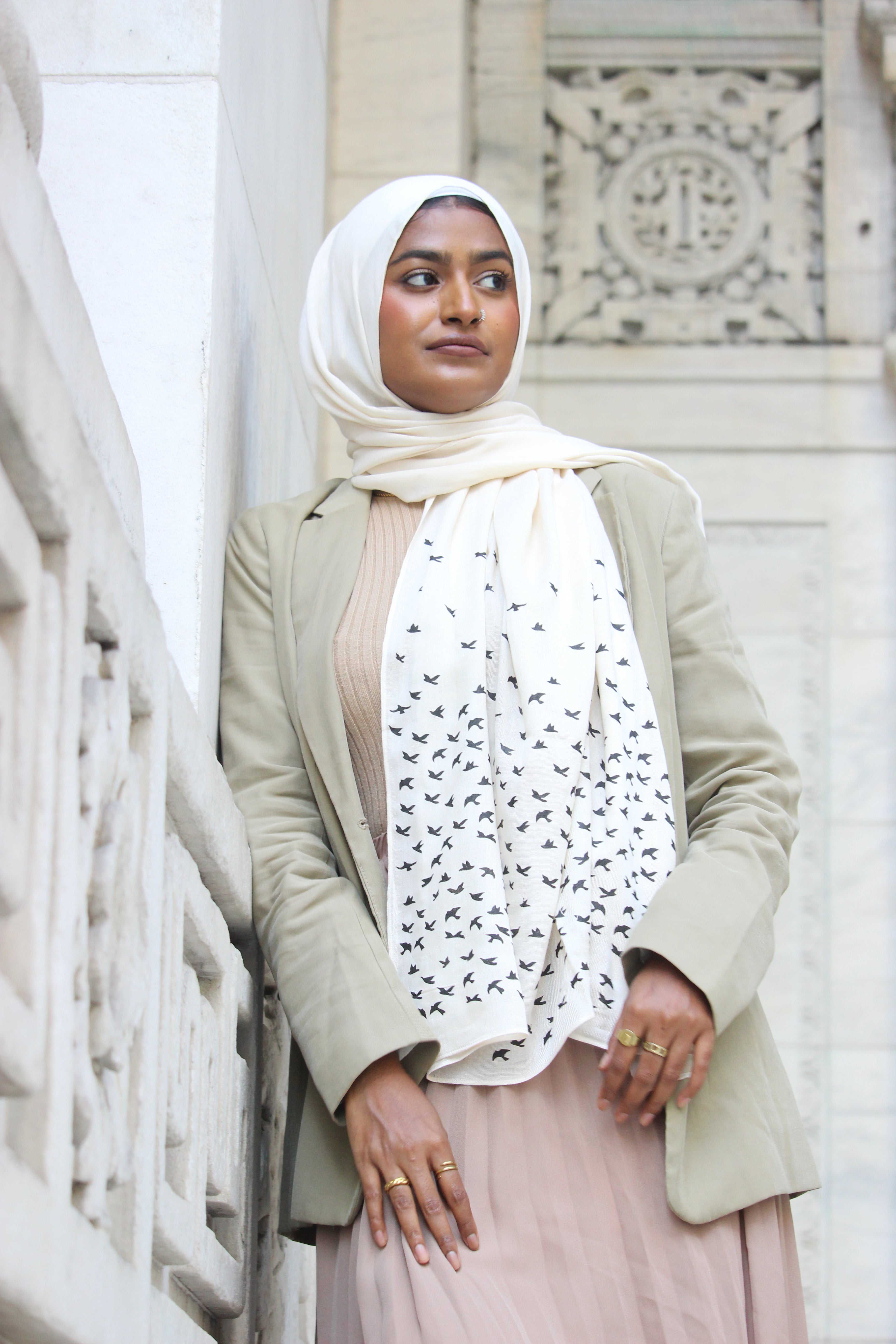 Birds- Cream (with Black Ink)- Modal Hijab