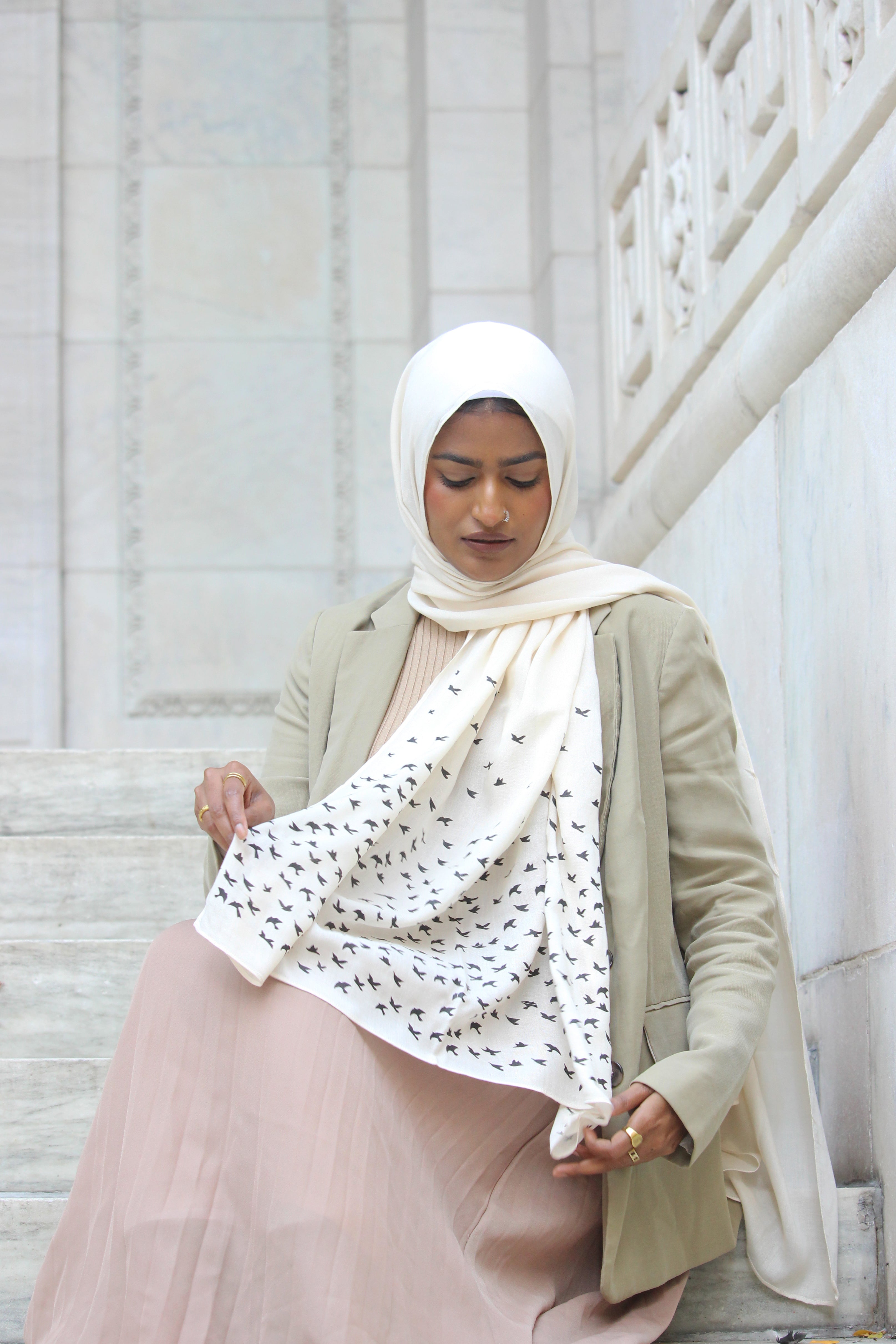 Birds- Cream (with Black Ink)- Modal Hijab
