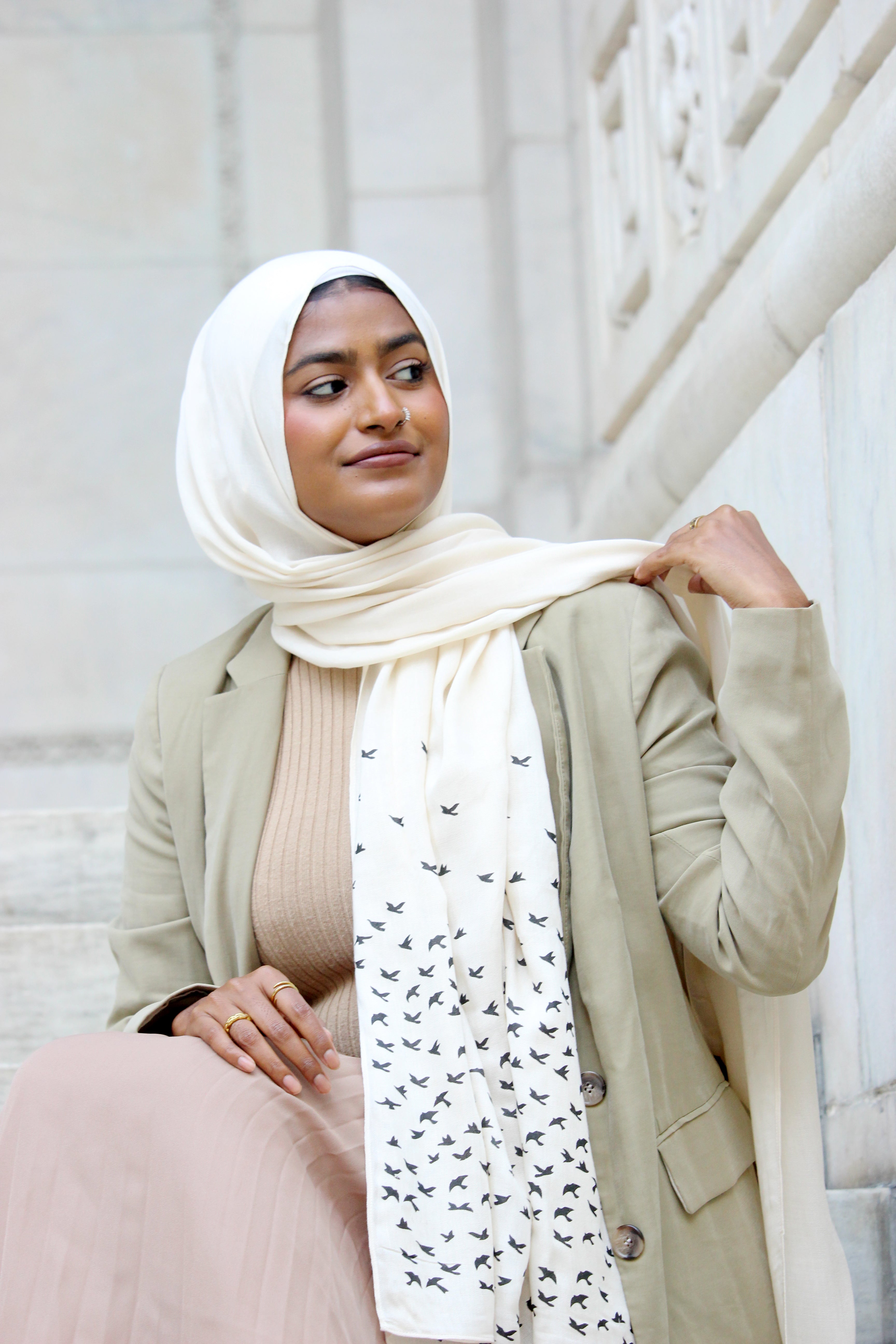 Birds- Cream (with Black Ink)- Modal Hijab